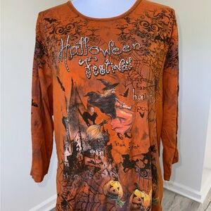 VTG Studio Gem Q Halloween Shirt XXL Witch Pumpkin All Over Print 3/4 Sleeve Tee